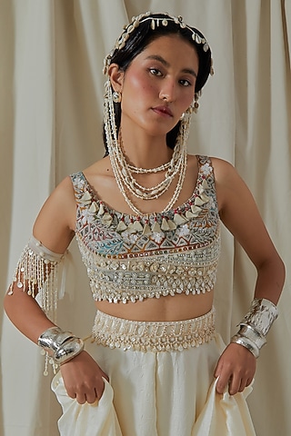 Mogra White Net Resham Thread Embroidered Corset Blouse by ASEEM KAPOOR