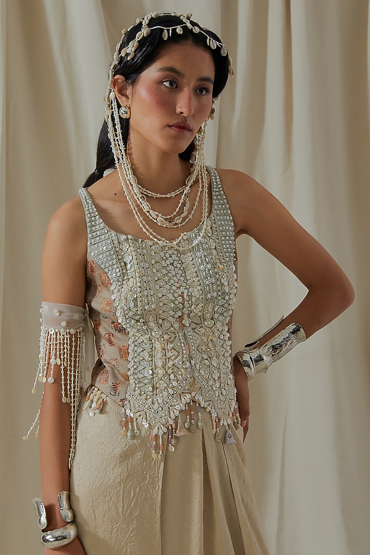 Ecru Tashan Silk Resham Thread Embroidered Draped Pant Set by ASEEM KAPOOR at Pernia's Pop Up Shop