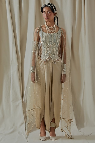 Ecru Tashan Silk Resham Thread Embroidered Draped Pant Set by ASEEM KAPOOR