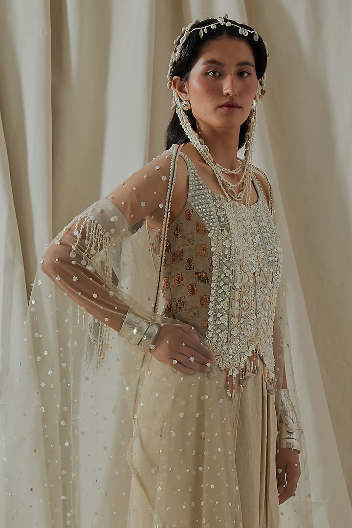 Ecru Tashan Silk Resham Thread Embroidered Draped Pant Set by ASEEM KAPOOR at Pernia's Pop Up Shop