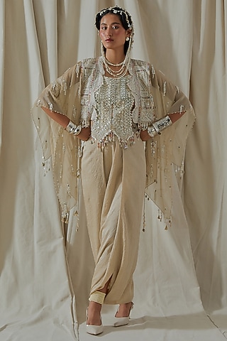 Ecru Organza Resham Thread Embroidered Jacket Set by ASEEM KAPOOR