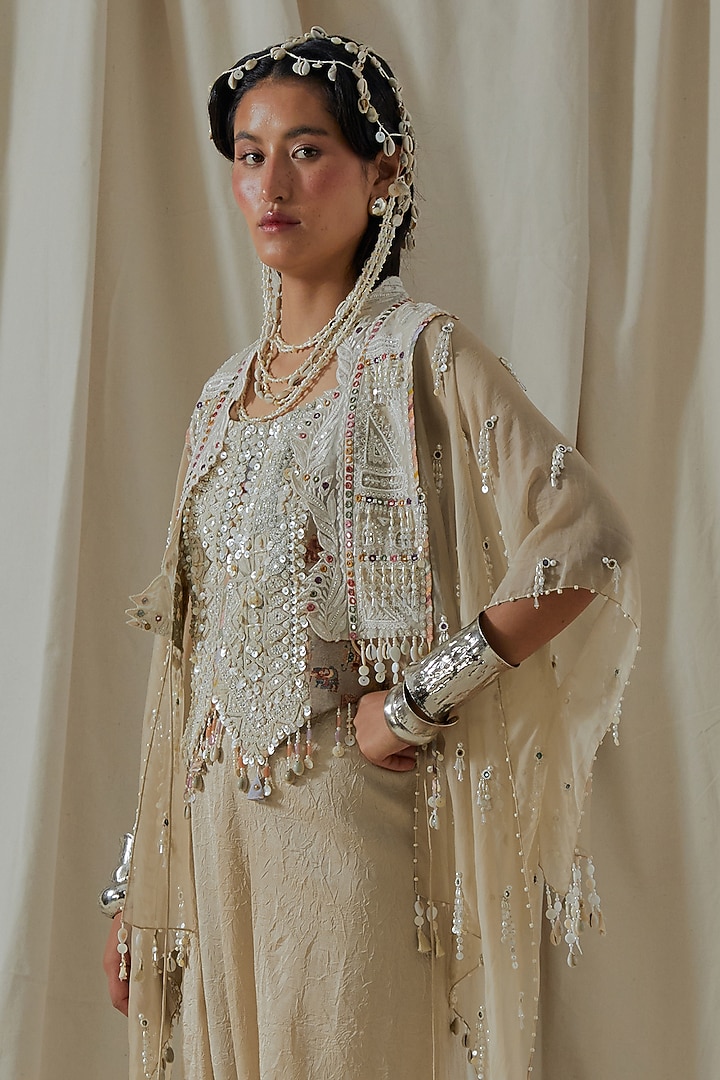 Ecru Organza Resham Thread Embroidered Jacket Set by ASEEM KAPOOR at Pernia's Pop Up Shop
