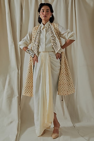Ecru Mushroom Twill Resham Thread Embroidered Jacket by ASEEM KAPOOR
