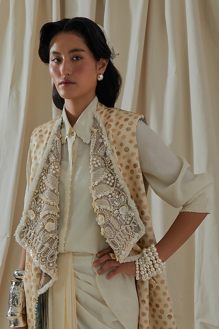 Ecru Mushroom Twill Resham Thread Embroidered Jacket by ASEEM KAPOOR at Pernia's Pop Up Shop
