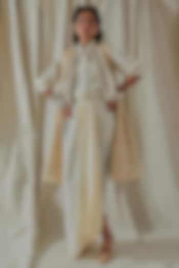 Mogra White Mushroom Twill Resham Thread Embroidered Jacket Set by ASEEM KAPOOR at Pernia's Pop Up Shop
