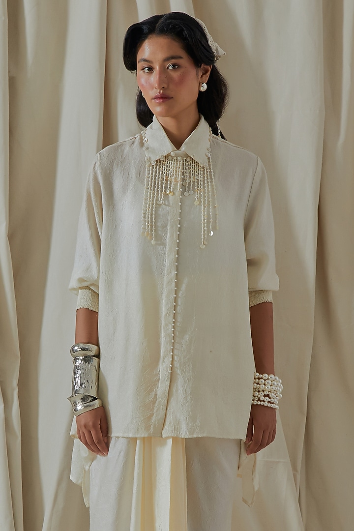 Mogra White Mushroom Twill Resham Thread Embroidered Jacket Set by ASEEM KAPOOR at Pernia's Pop Up Shop