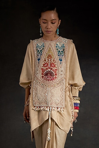 Multi-Colored Sheer Silk Resham Thread Embroidered Bib by ASEEM KAPOOR