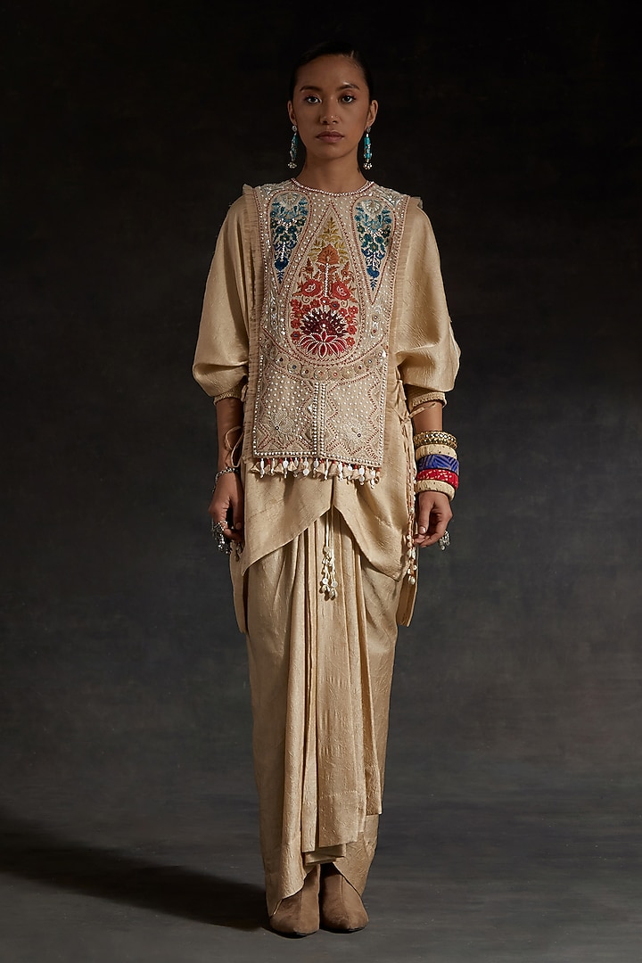 Multi-Colored Sheer Silk Resham Thread Embroidered Bib by ASEEM KAPOOR at Pernia's Pop Up Shop