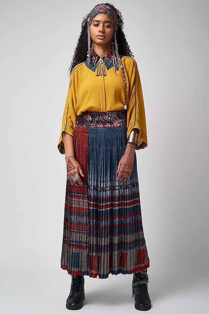 Neel Blue Color Blocked Pleated Skirt by ASEEM KAPOOR
