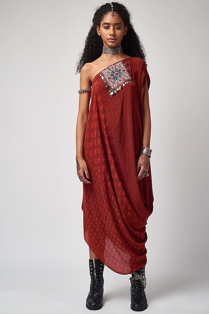 Sindoori Red Printed One Shoulder Draped Dress Design by ASEEM KAPOOR ...