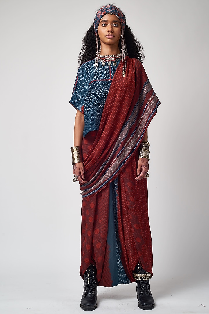 Sindoori Printed Draped Saree by ASEEM KAPOOR