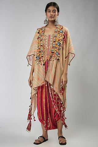 Beige Sheer Silk Jacket Set by Aseem kapoor