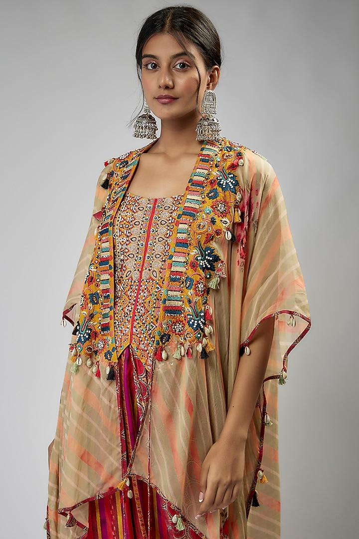 Beige Sheer Silk Jacket Set by Aseem kapoor at Pernia's Pop Up Shop
