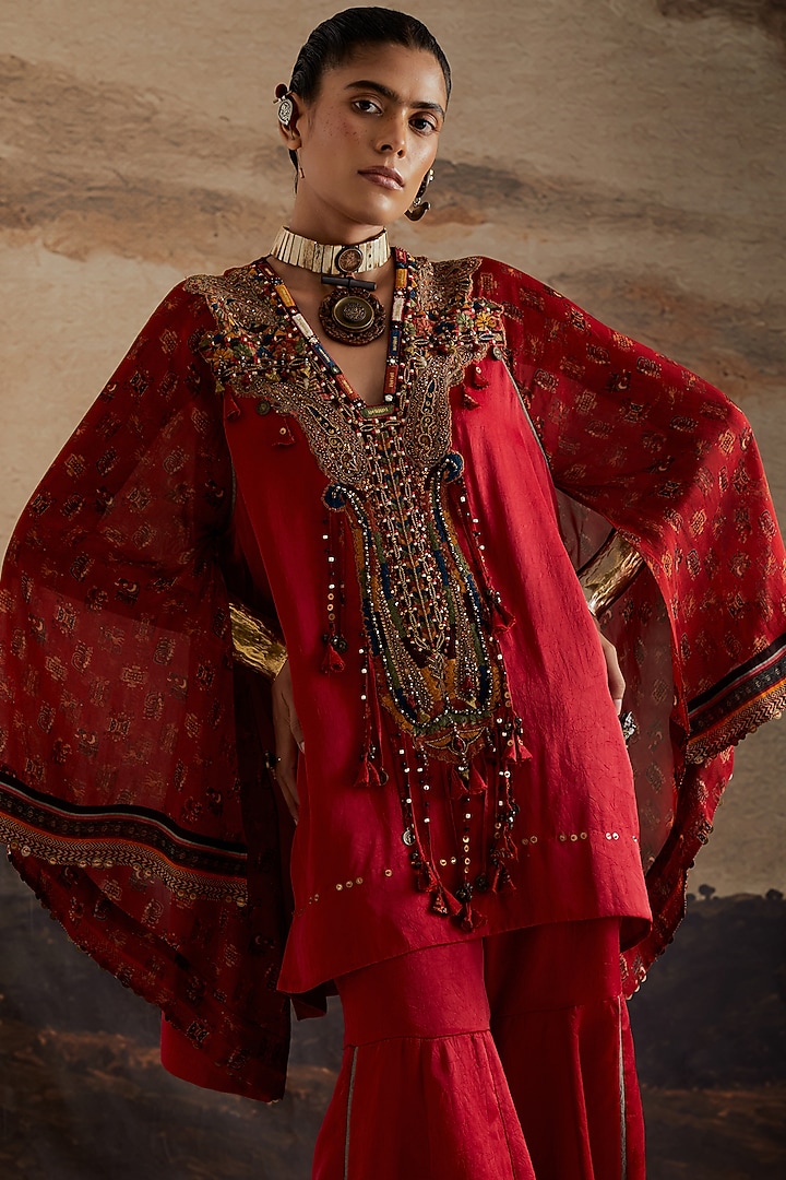 Sindoor Red Crushed Silk Solid Textured Wedding Sharara Set by ASEEM KAPOOR at Pernia's Pop Up Shop
