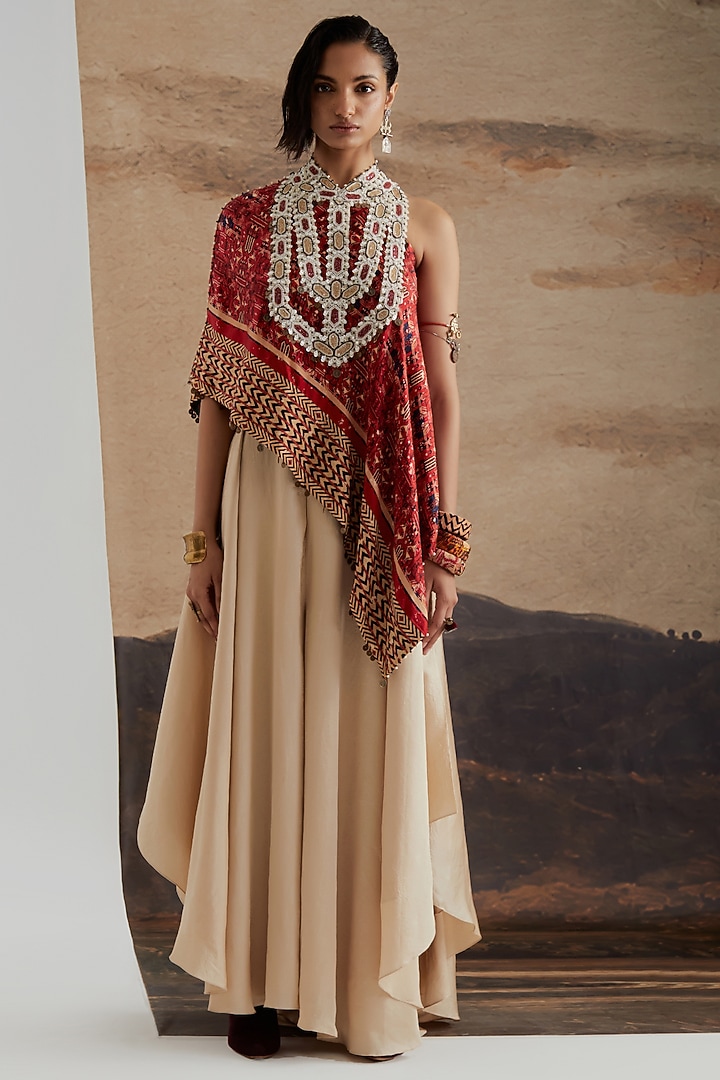 Beige Crushed Silk Skirt Set by ASEEM KAPOOR at Pernia's Pop Up Shop