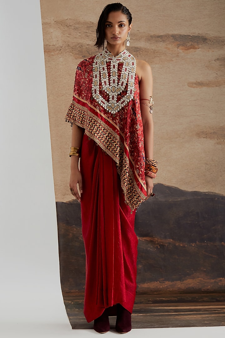 Sindoor Red Crushed Silk Skirt Set by ASEEM KAPOOR at Pernia's Pop Up Shop