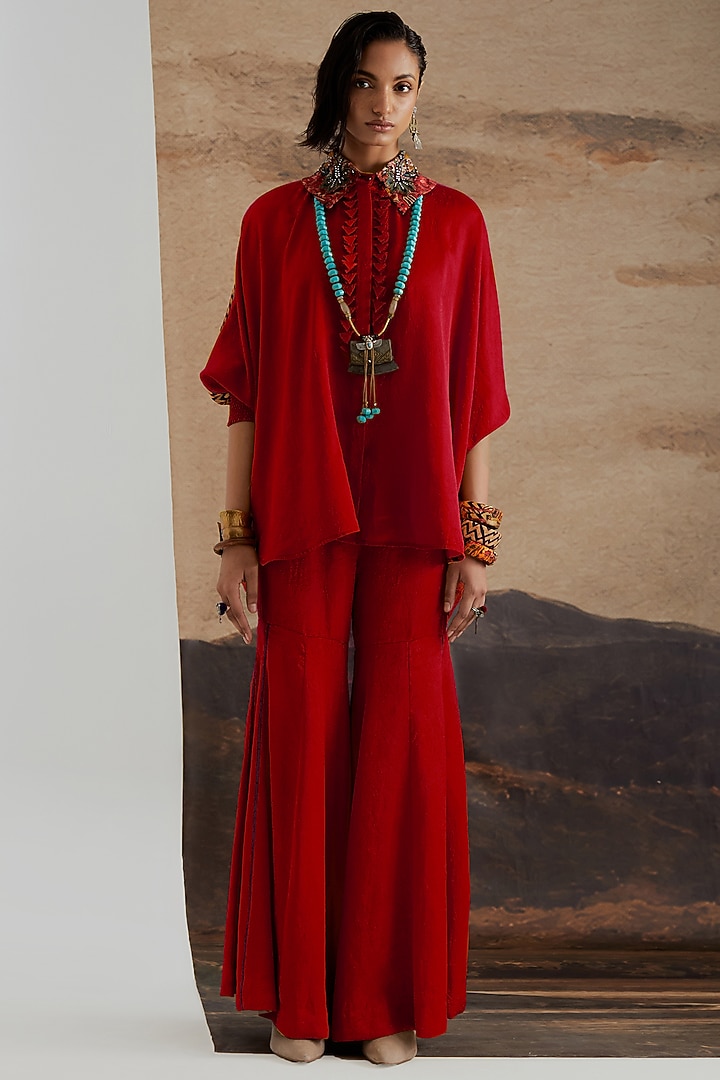 Sindoor Red Crushed Silk Wedding Sharara Set by ASEEM KAPOOR at Pernia's Pop Up Shop