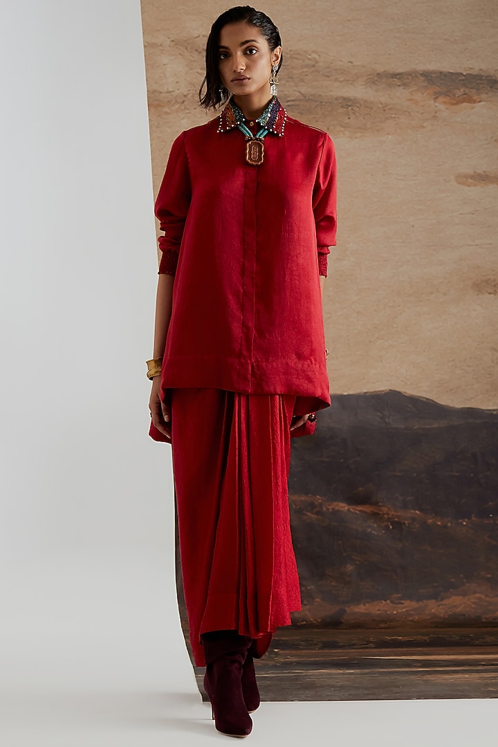 Sindoor Red Crushed Silk Draped Skirt Set by ASEEM KAPOOR at Pernia's Pop Up Shop