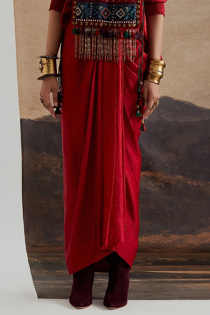 Sindoor Red Crushed Silk Draped Skirt Set by ASEEM KAPOOR at Pernia's Pop Up Shop