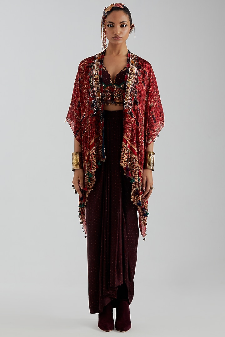 Purple Mushroom Twill Bandhani Printed Draped Skirt Set by ASEEM KAPOOR at Pernia's Pop Up Shop