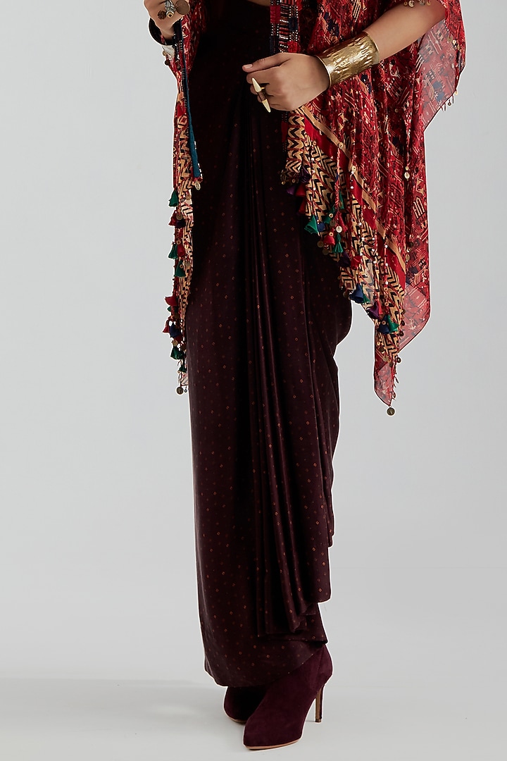 Purple Mushroom Twill Bandhani Printed Draped Skirt Set by ASEEM KAPOOR at Pernia's Pop Up Shop