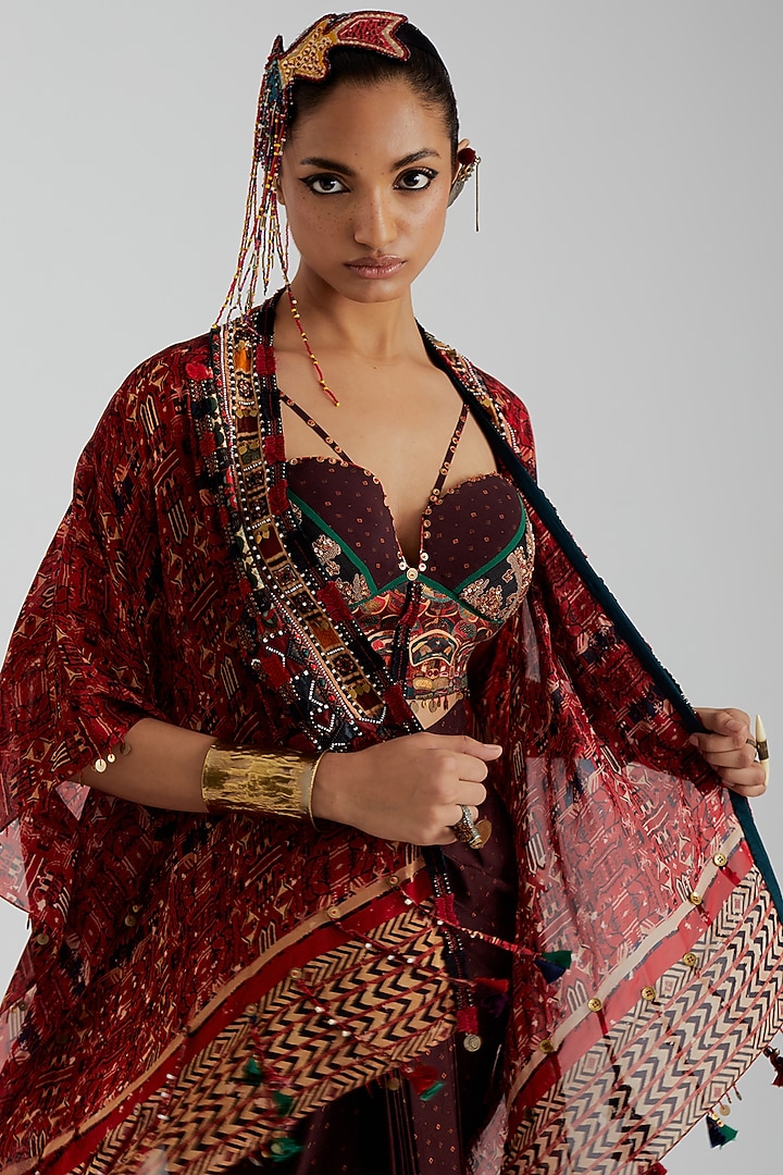 Purple Mushroom Twill Bandhani Printed Draped Skirt Set by ASEEM KAPOOR at Pernia's Pop Up Shop