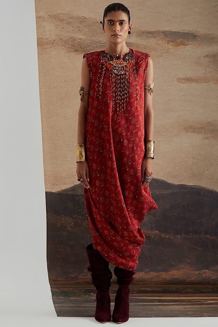 Sindoori Red Natural Crepe Embroidered Midi Cocktail Dress by ASEEM KAPOOR at Pernia's Pop Up Shop