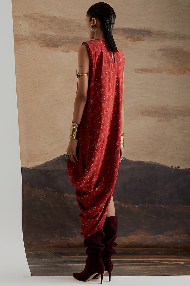 Sindoori Red Natural Crepe Embroidered Midi Cocktail Dress by ASEEM KAPOOR at Pernia's Pop Up Shop