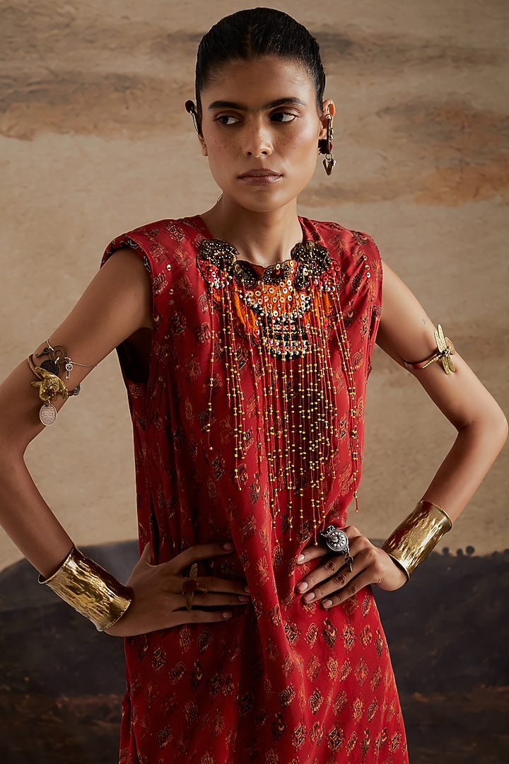 Sindoori Red Natural Crepe Embroidered Midi Cocktail Dress by ASEEM KAPOOR at Pernia's Pop Up Shop