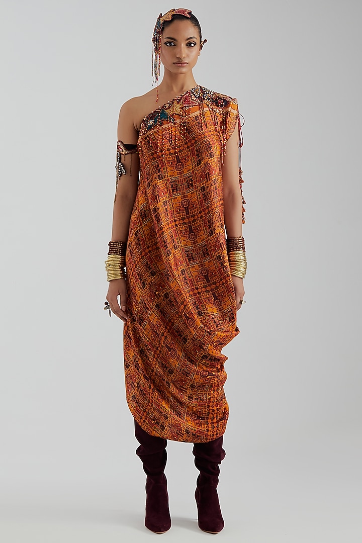 Topaz Yellow Modal Satin One-Shoulder Midi Vacation Dress by ASEEM KAPOOR at Pernia's Pop Up Shop
