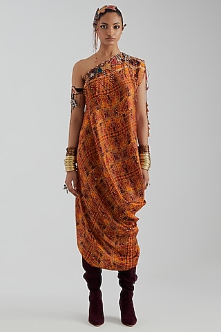Topaz Yellow Modal Satin One-Shoulder Midi Dress by ASEEM KAPOOR