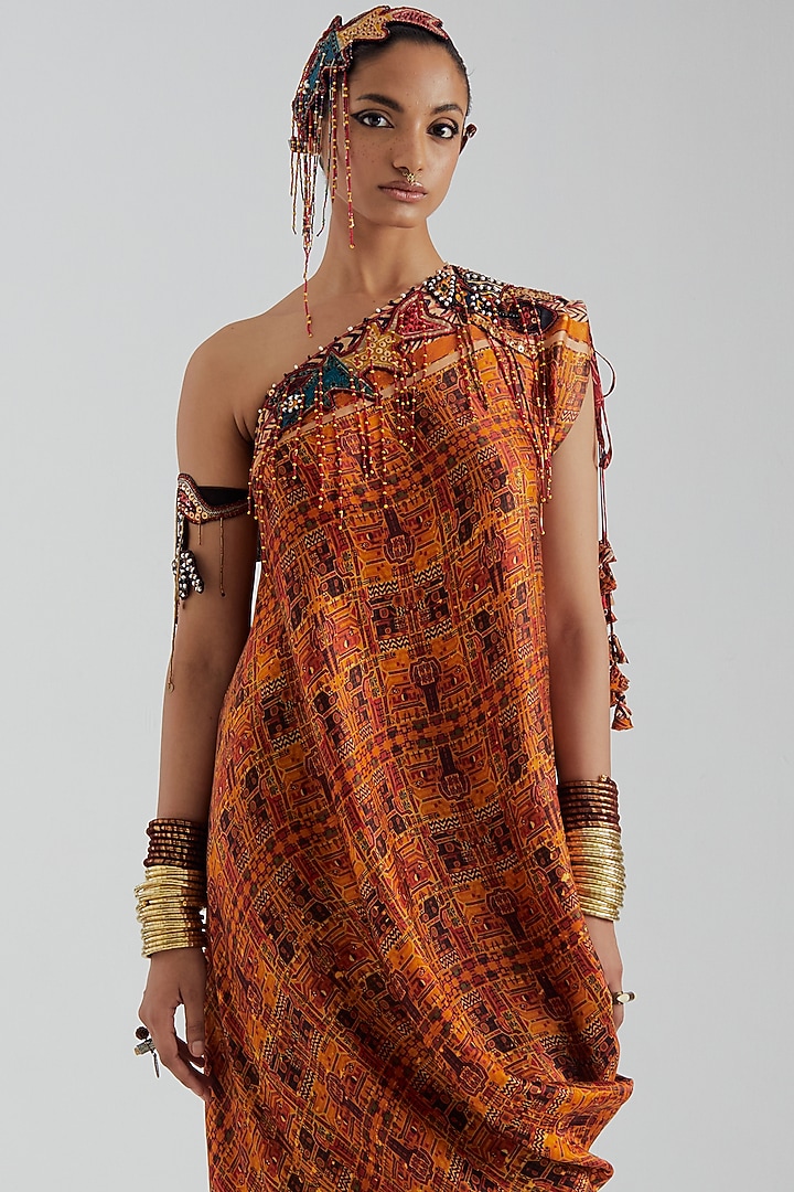 Topaz Yellow Modal Satin One-Shoulder Midi Vacation Dress by ASEEM KAPOOR at Pernia's Pop Up Shop