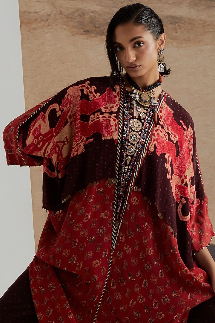 Sindoori Red Natural Crepe Printed Tunic Set by ASEEM KAPOOR at Pernia's Pop Up Shop