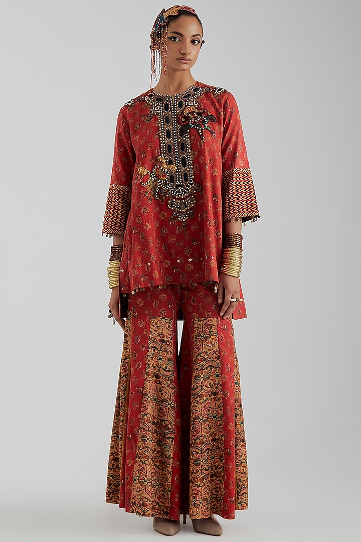 Sindoor Red Cotton Satin Printed Wedding Sharara Set by ASEEM KAPOOR at Pernia's Pop Up Shop