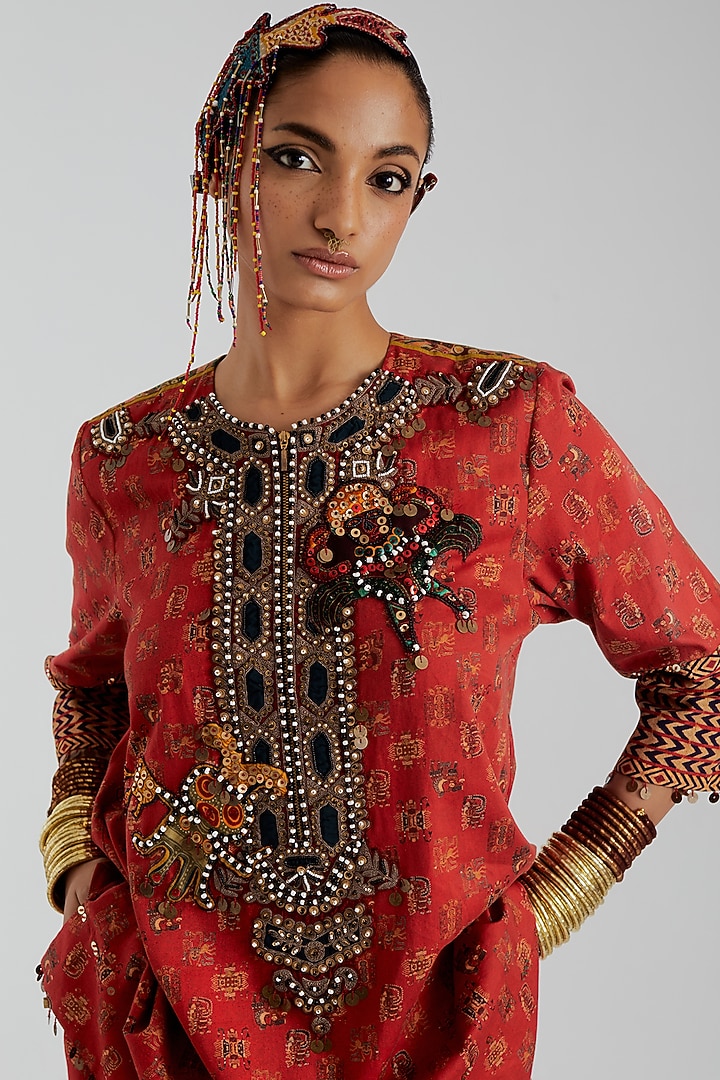 Sindoor Red Cotton Satin Printed Wedding Sharara Set by ASEEM KAPOOR at Pernia's Pop Up Shop