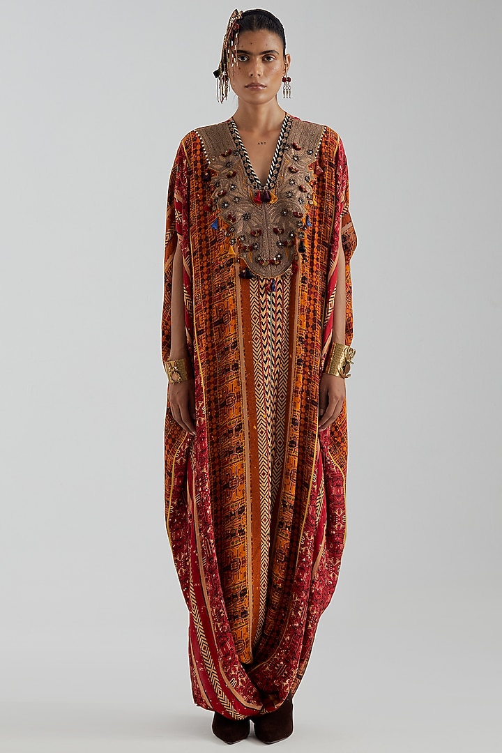 Topaz Yellow Natural Crepe Embroidered Kaftan-Style Jumpsuit by ASEEM KAPOOR at Pernia's Pop Up Shop