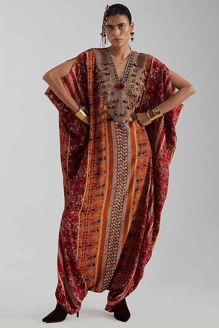 Topaz Yellow Natural Crepe Embroidered Kaftan-Style Jumpsuit by ASEEM KAPOOR at Pernia's Pop Up Shop