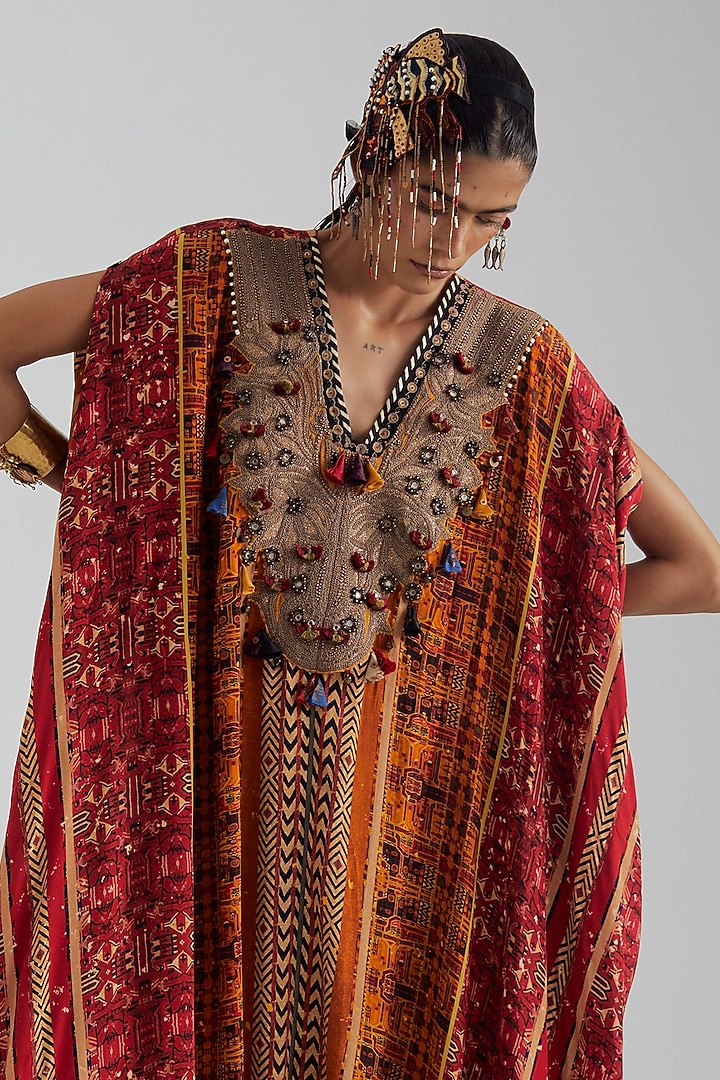 Topaz Yellow Natural Crepe Embroidered Kaftan-Style Jumpsuit by ASEEM KAPOOR at Pernia's Pop Up Shop