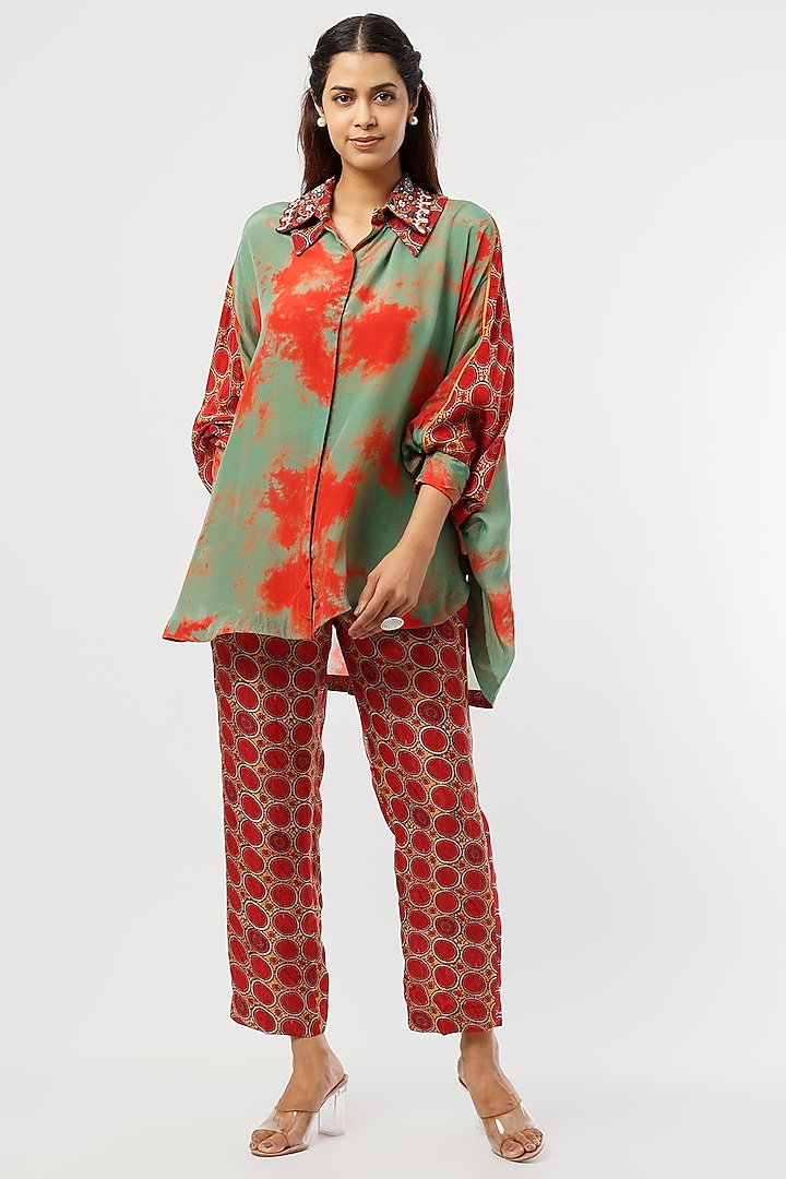Red Mushroom Twill Straight Pant Set by ASEEM KAPOOR at Pernia's Pop Up Shop