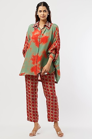Red Mushroom Twill Straight Pant Set by ASEEM KAPOOR