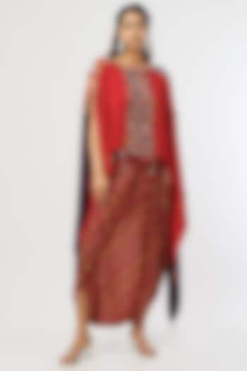 Red Natural Crepe Draped Pant Set by ASEEM KAPOOR at Pernia's Pop Up Shop