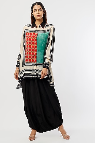 Black Natural Crepe Draped Pant Set by ASEEM KAPOOR