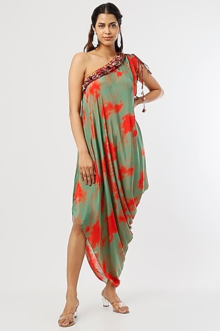Mint Green Tie-Dyed One-Shoulder Dress by ASEEM KAPOOR
