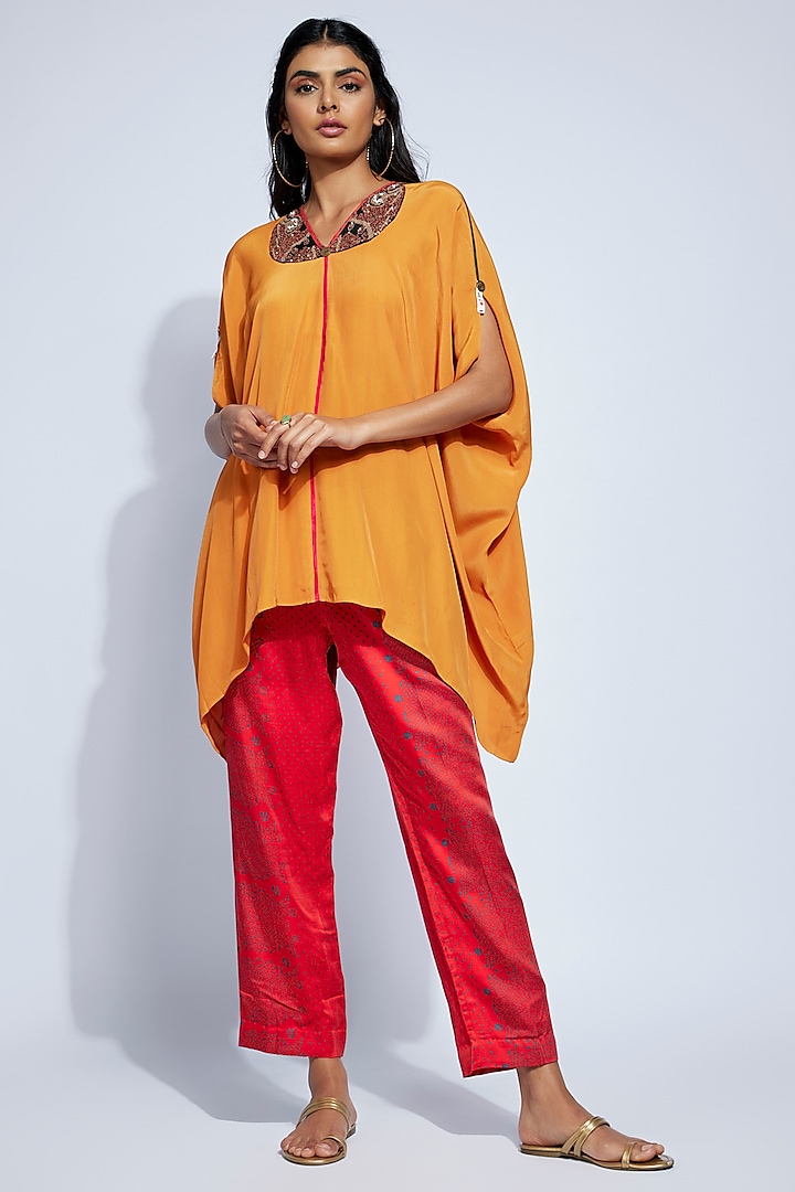 Orange Natural Crepe Hand & Machine Embroidered Tunic Set by ASEEM KAPOOR