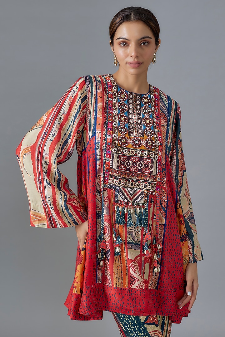 Multi-Colored Natural Crepe Embroidered & Printed Tunic Set by ASEEM KAPOOR at Pernia's Pop Up Shop