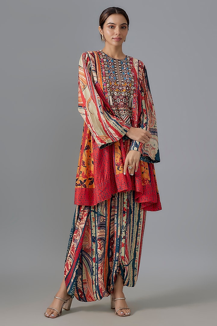 Multi-Colored Natural Crepe Embroidered & Printed Tunic Set by ASEEM KAPOOR at Pernia's Pop Up Shop