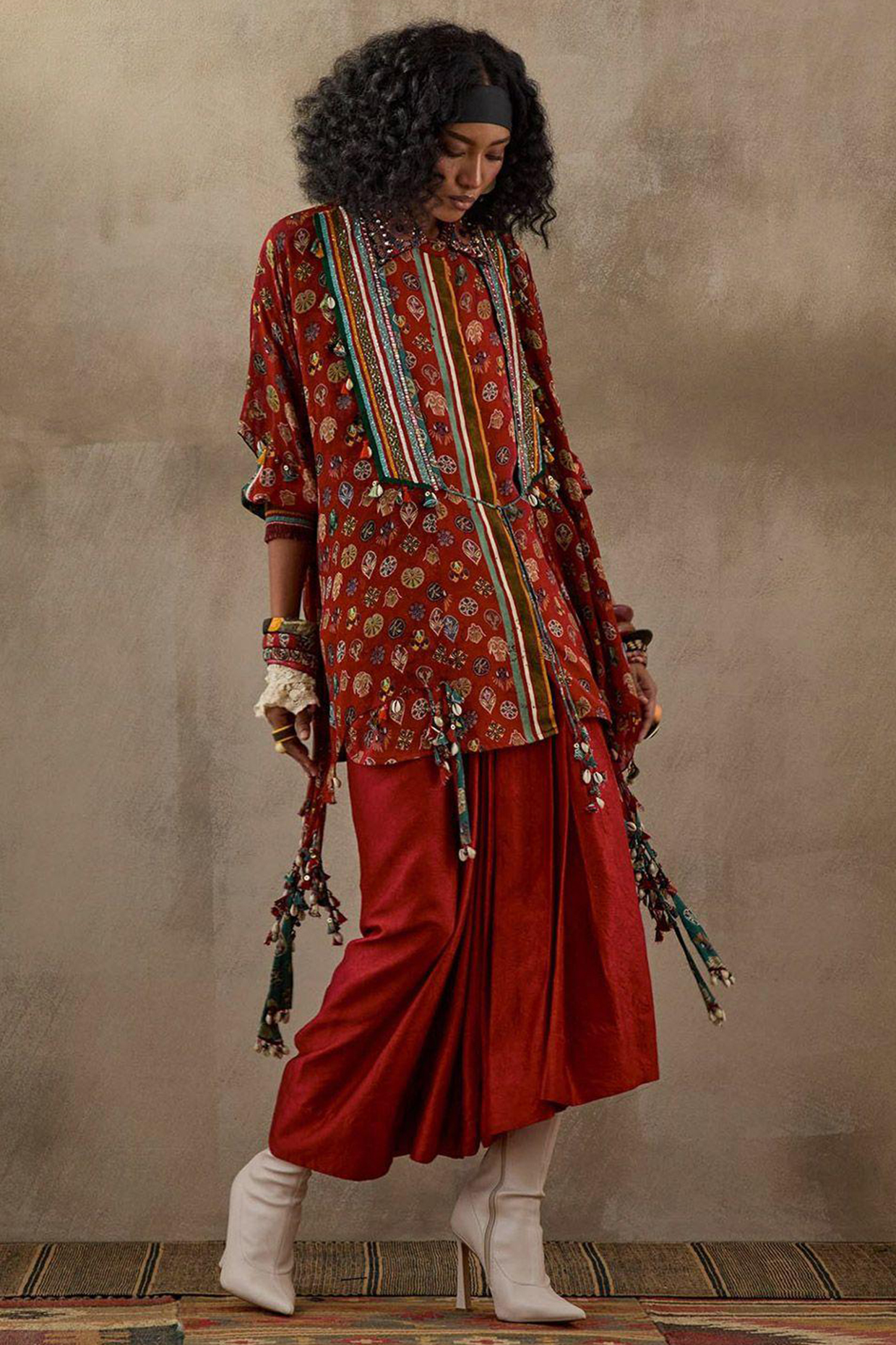 Red Silk & Crepe Printed Jacket Set by ASEEM KAPOOR at Pernia's Pop Up Shop