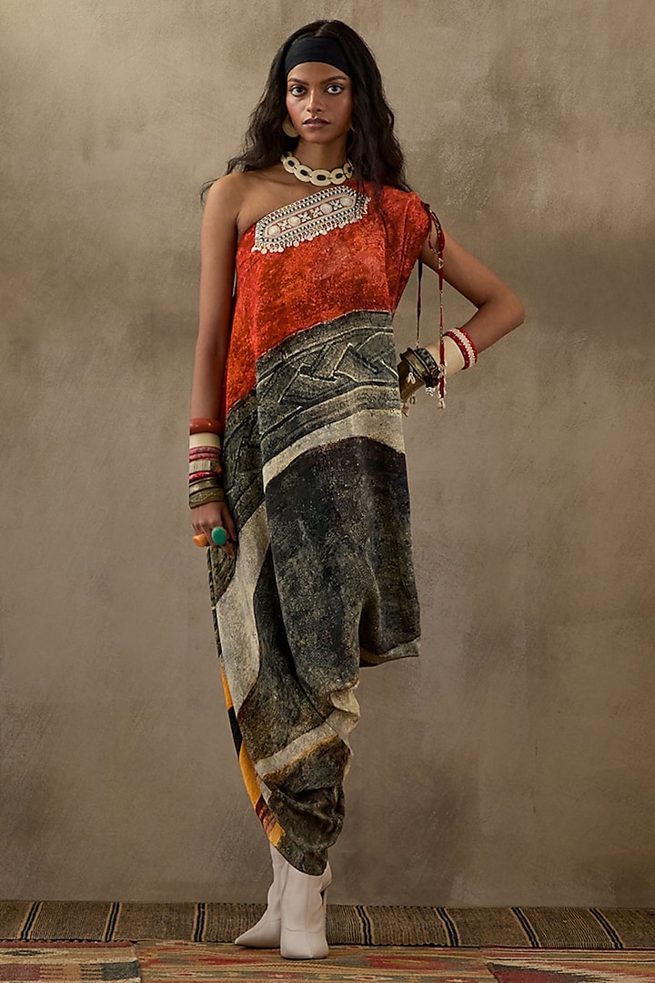 Multi-Colored Natural Crepe One-Shoulder Vacation Dress by ASEEM KAPOOR at Pernia's Pop Up Shop