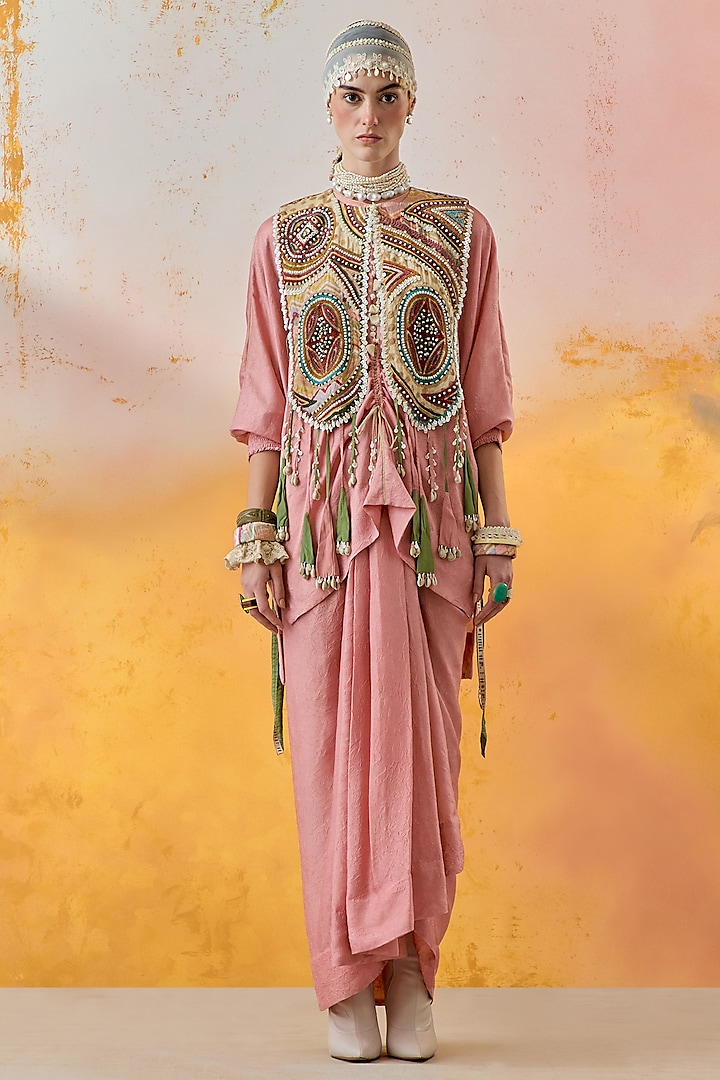 Shell Pink Crushed Silk Pleated Skirt Set by ASEEM KAPOOR at Pernia's Pop Up Shop