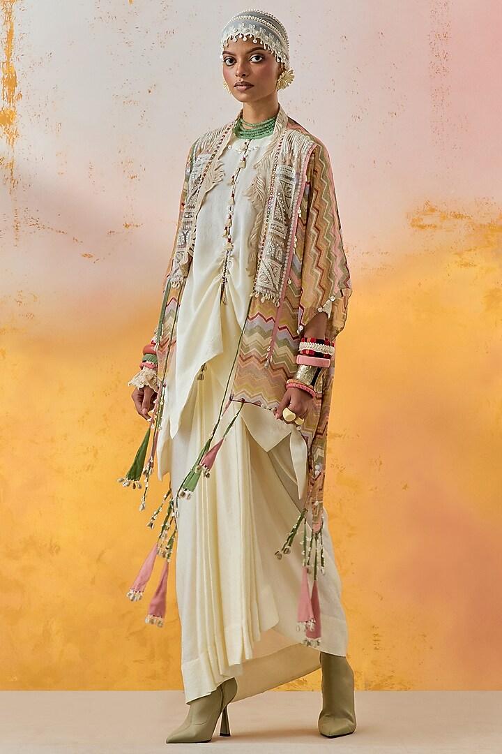 Mogra White Crushed Silk Pleated Skirt Set by ASEEM KAPOOR at Pernia's Pop Up Shop